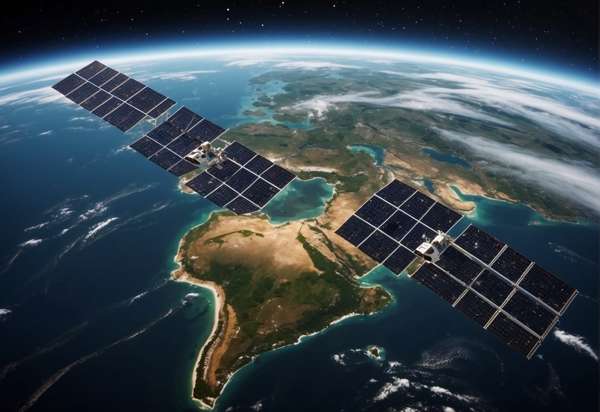 Satellites orbiting Earth, monitoring environmental parameters, capturing data from space