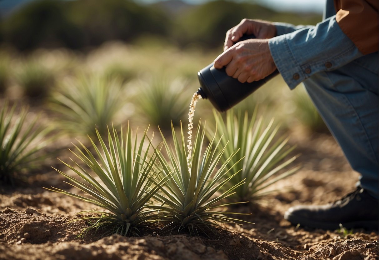 A person pouring natural herbicide on a yucca plant, with dead yucca plants in the background