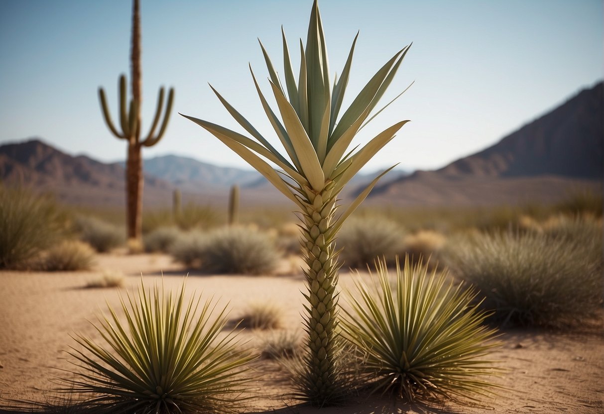 A mature yucca plant with a tall flower stalk, surrounded by arid desert landscape. The plant stands tall and sturdy, with long, sword-shaped leaves and a prominent flower stalk reaching towards the sky