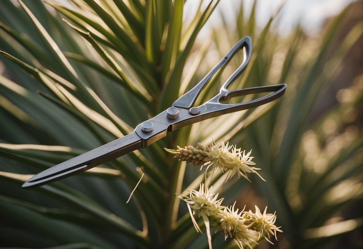 A pair of gardening shears cuts through the tall, slender flower stalk of a yucca plant, removing the spent blooms with precision