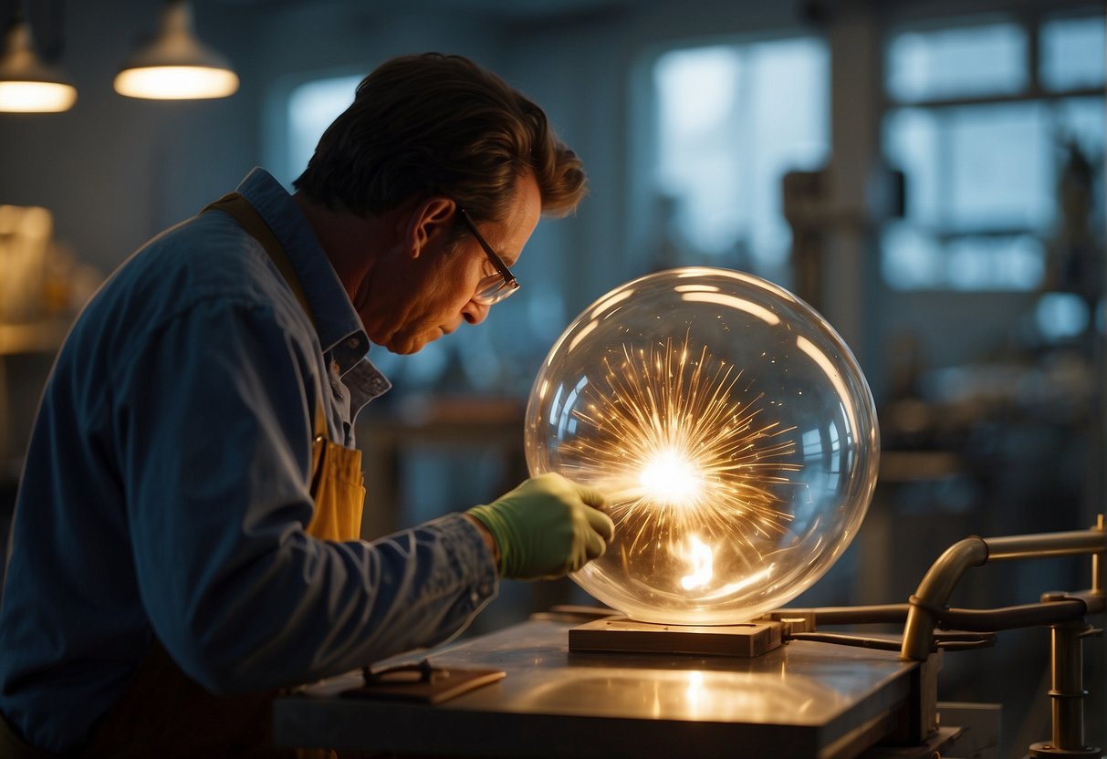 A glassblower carefully shapes molten glass into a smooth, transparent window pane, while a technician inspects a lens for imperfections in a sterile, vacuum-sealed chamber