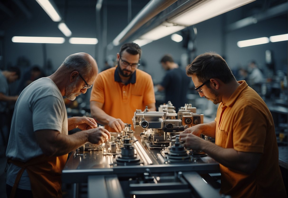 A team of artisans meticulously crafting spacecraft windows and lenses in a high-tech workshop, surrounded by precision tools and advanced equipment