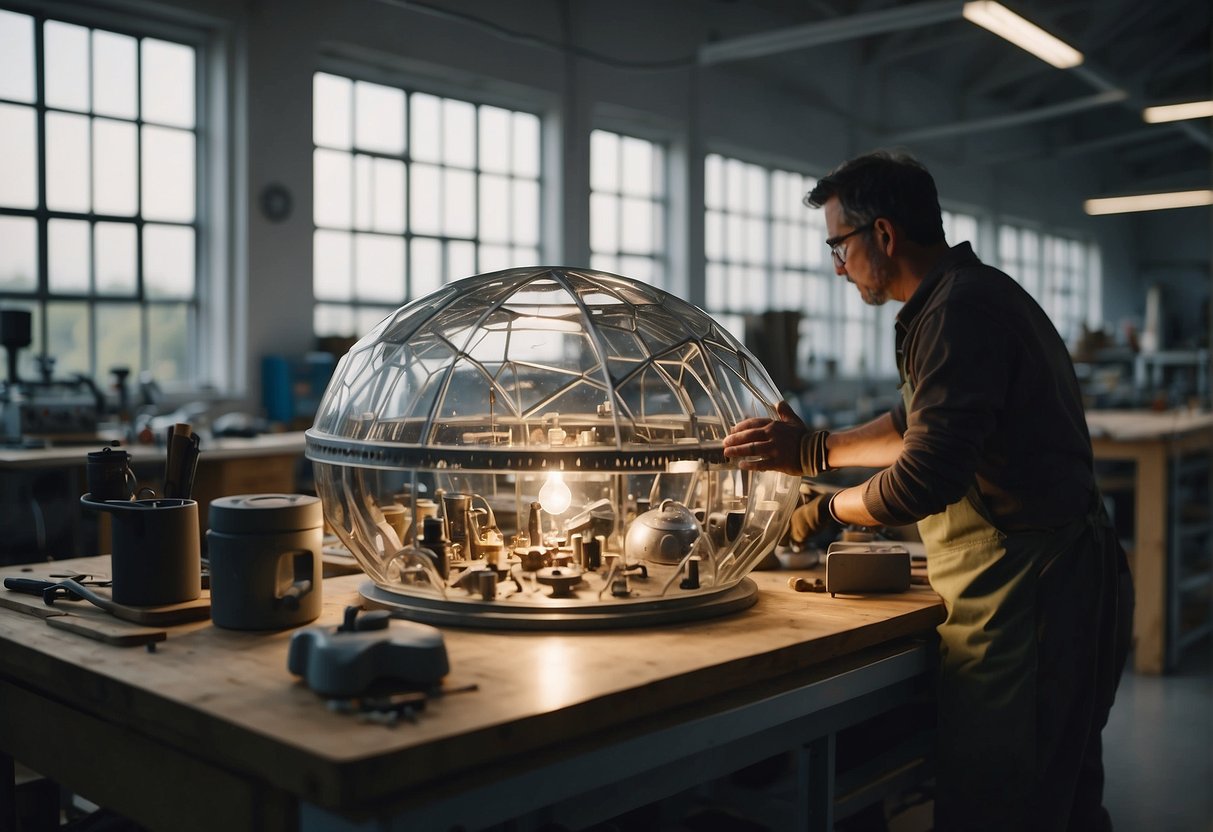 A spacecraft glass artisan carefully shapes and polishes a large window, surrounded by tools and materials in a clean, well-lit workshop