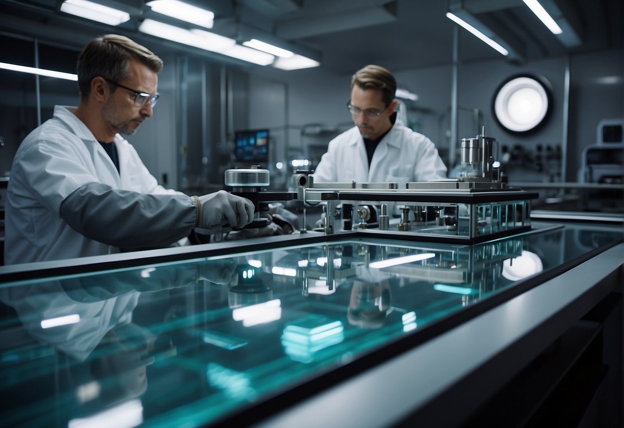 In a futuristic spacecraft lab, artisans craft glass windows and lenses for the vacuum of space. Advanced machinery and precision tools fill the room, as technicians carefully shape and polish the glass to perfection