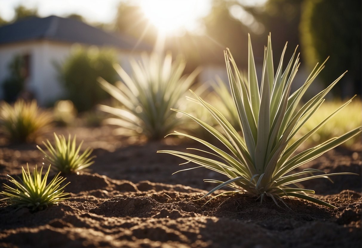 A sunny backyard with well-drained soil and minimal wind, where yucca plants receive adequate sunlight and are protected from extreme weather conditions