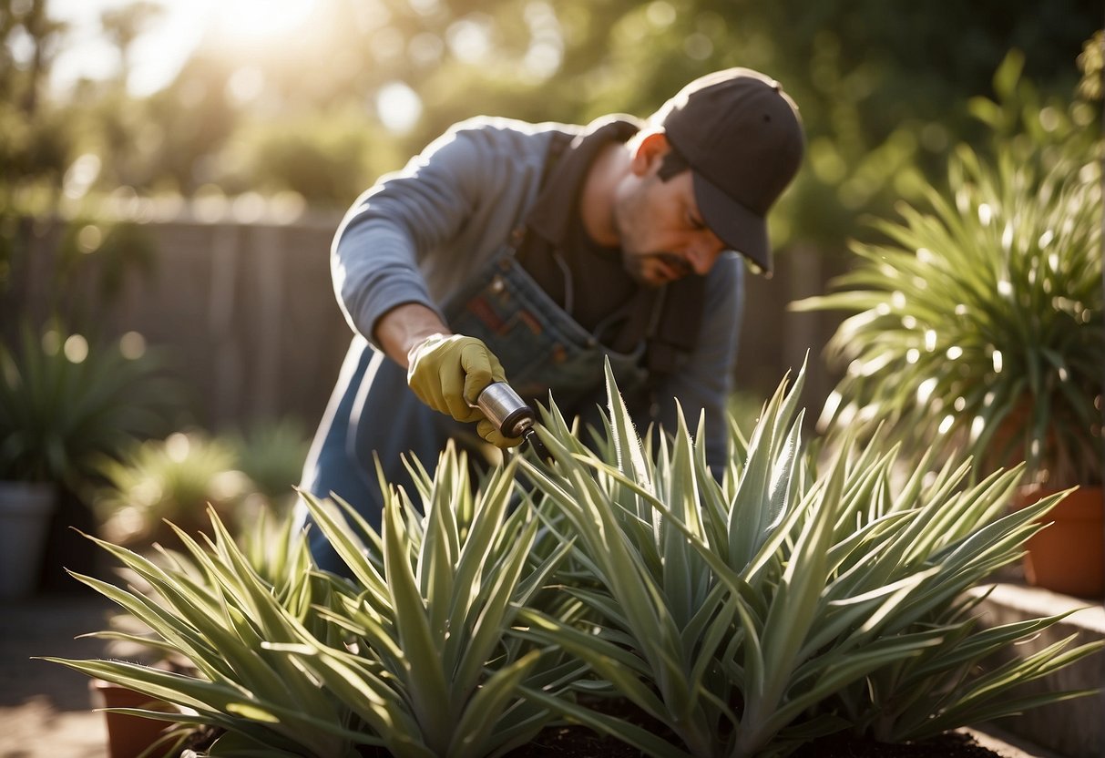 A person watering and pruning yucca plants in a sunny outdoor setting with gardening tools nearby
