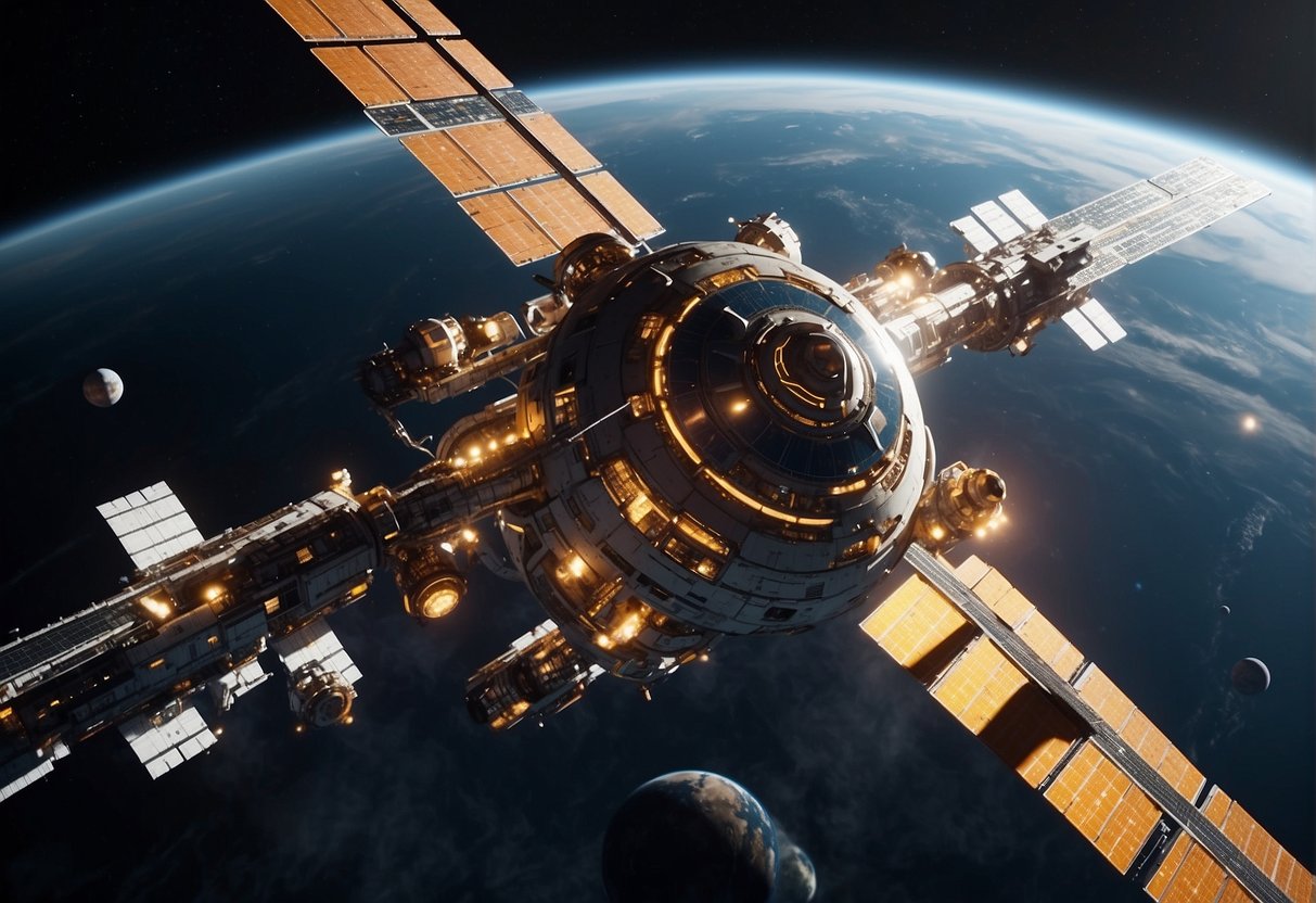 A futuristic space station orbits a distant planet, surrounded by a fleet of spacecraft. Refueling modules connect to the station, preparing for deep space missions