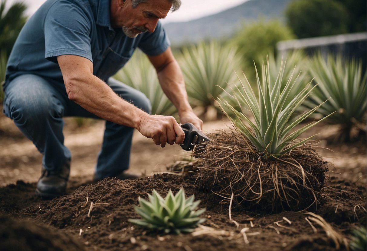 A gardener separates the root ball of a mature yucca plant with a sharp knife, creating two smaller plants