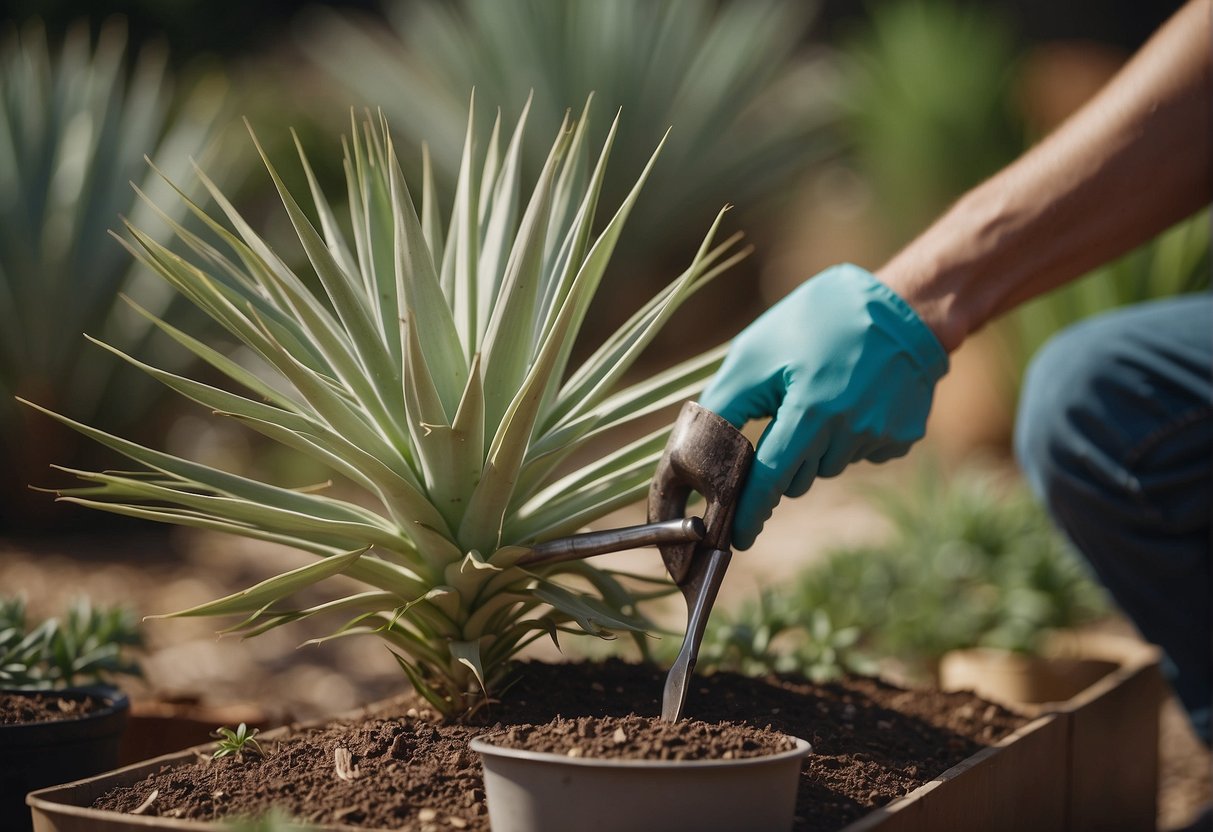 Yucca plant being carefully divided with a sharp gardening tool. Roots and stems being separated into new pots for replanting