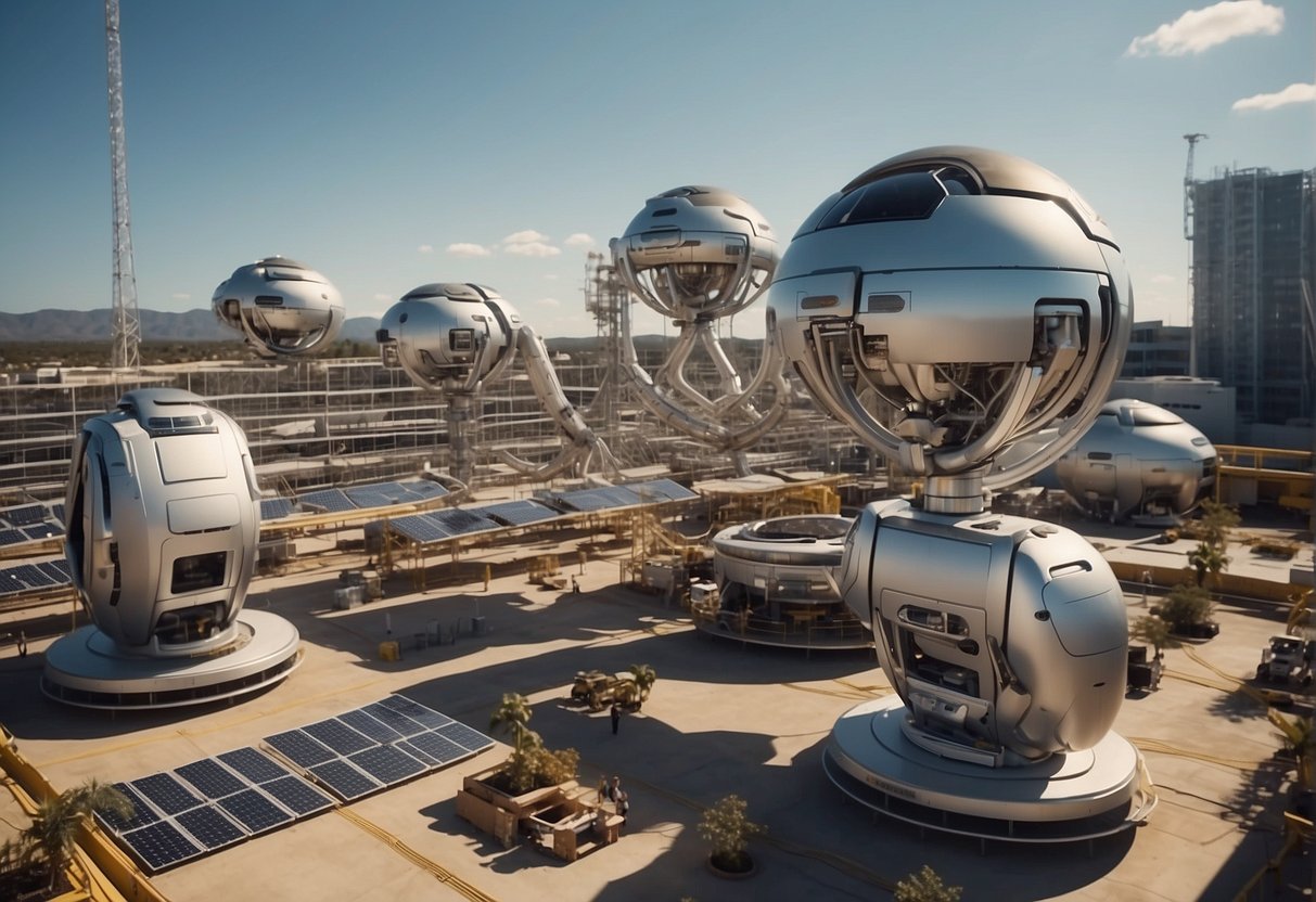 The Suppliers of Space :  Robotic arms assemble modular space habitats in zero gravity, while drones deliver supplies and materials to the construction site. Solar panels and communication dishes are being installed on the exterior of the structures