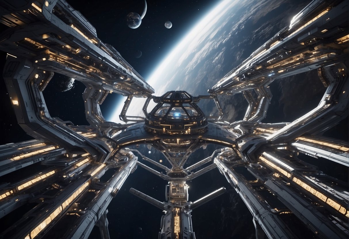 A network of space stations orbiting Earth, connected by sleek, futuristic corridors and platforms, serving as the foundation for off-world colonies