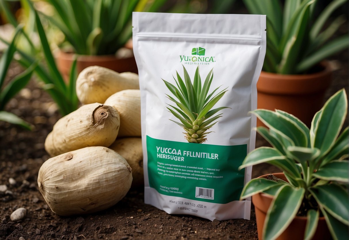 A bag of yucca plant fertilizer sits next to a healthy yucca plant, with clear instructions on the packaging. The plant is thriving, with vibrant green leaves and a sturdy stem