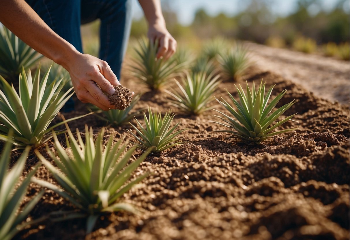 A person evenly sprinkles fertilizer around the base of healthy yucca plants in a well-draining soil