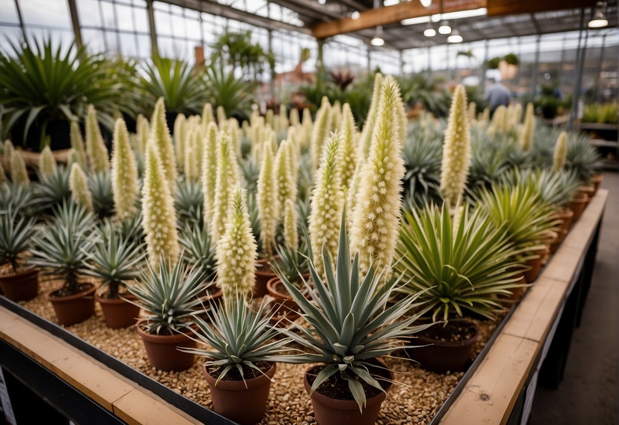A garden center in Colorado displays various yucca plants, with labels indicating their different species and sizes