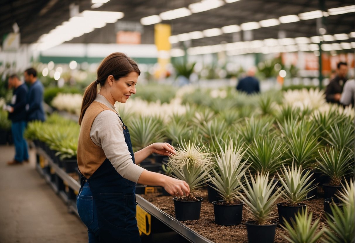 A garden center with rows of yucca plants in pots, labeled with prices and care instructions. Customers browsing and a cashier ringing up a purchase