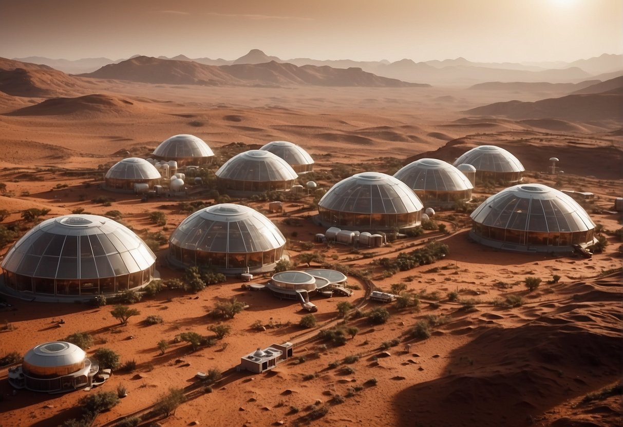 A bustling Martian settlement with futuristic habitats, solar panels, and greenhouses, all surrounded by the barren and reddish landscape of the Red Planet