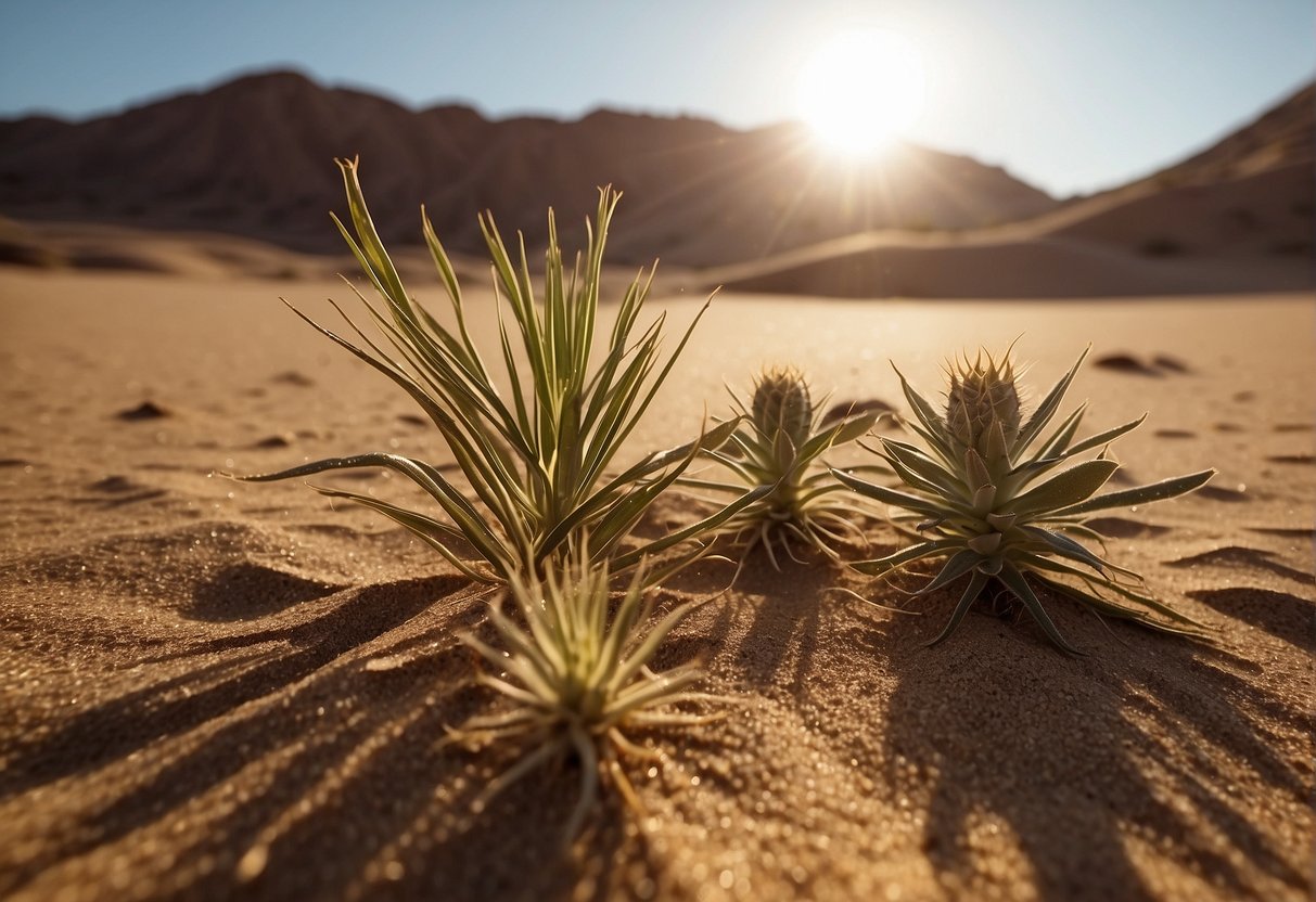 Bright sunlight illuminates a desert landscape with sandy soil and minimal moisture. The temperature is warm, ranging from 60-80°F, with low humidity