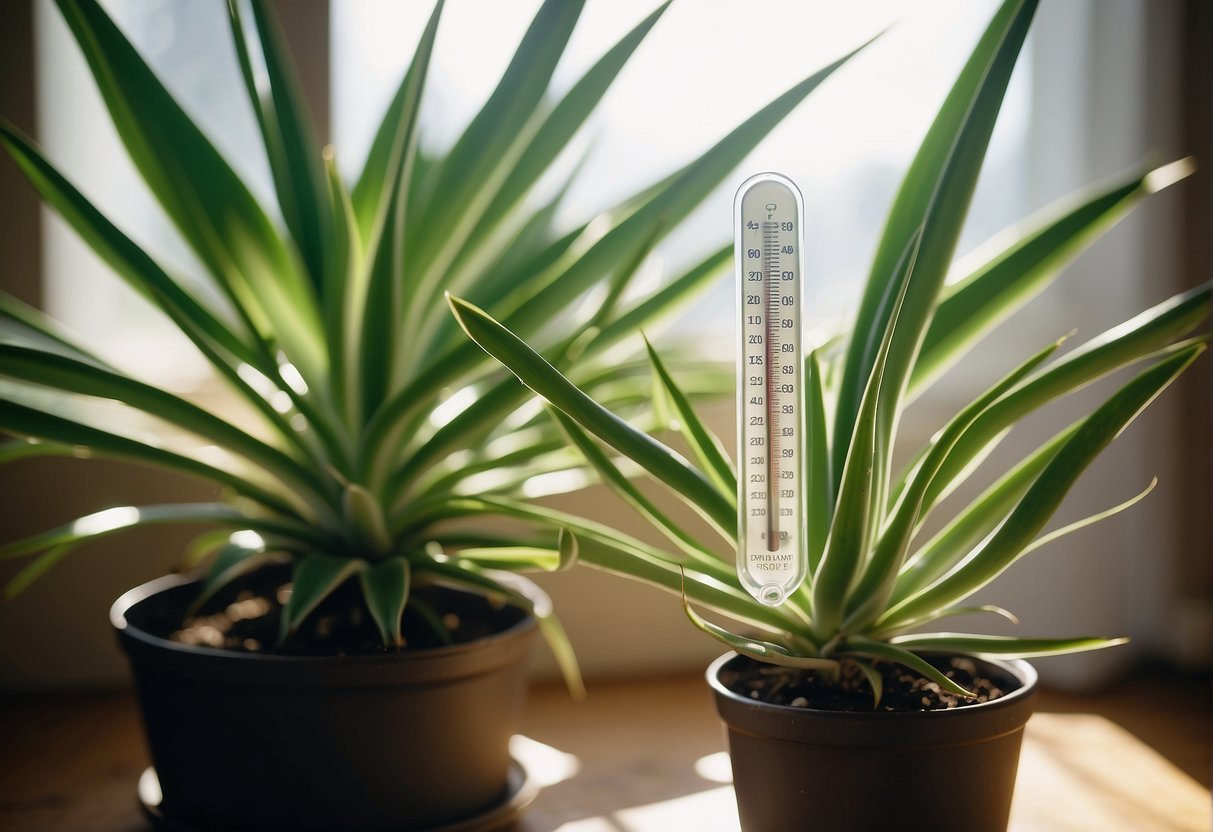 A yucca plant thrives in temperatures between 60-80°F. It is depicted in a well-lit room with a thermometer showing the ideal temperature range