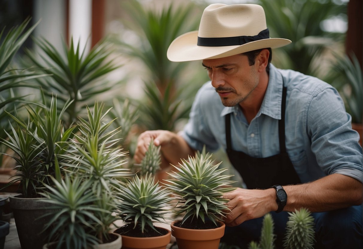 A person carefully choosing a yucca plant from a selection, surrounded by various decorative items and potted plants