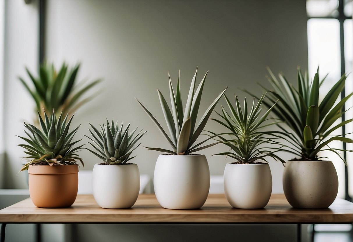 A bright, airy room with modern decor. Yucca plants in sleek, minimalist pots sit on a shelf, adding a touch of greenery to the space