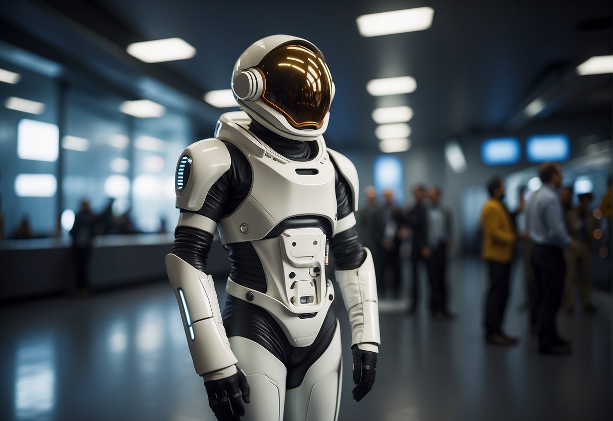 A futuristic space suit prototype stands on a platform, surrounded by engineers and scientists. The suit is sleek, with advanced mobility features and efficient design, ready for the challenges of a Mars mission