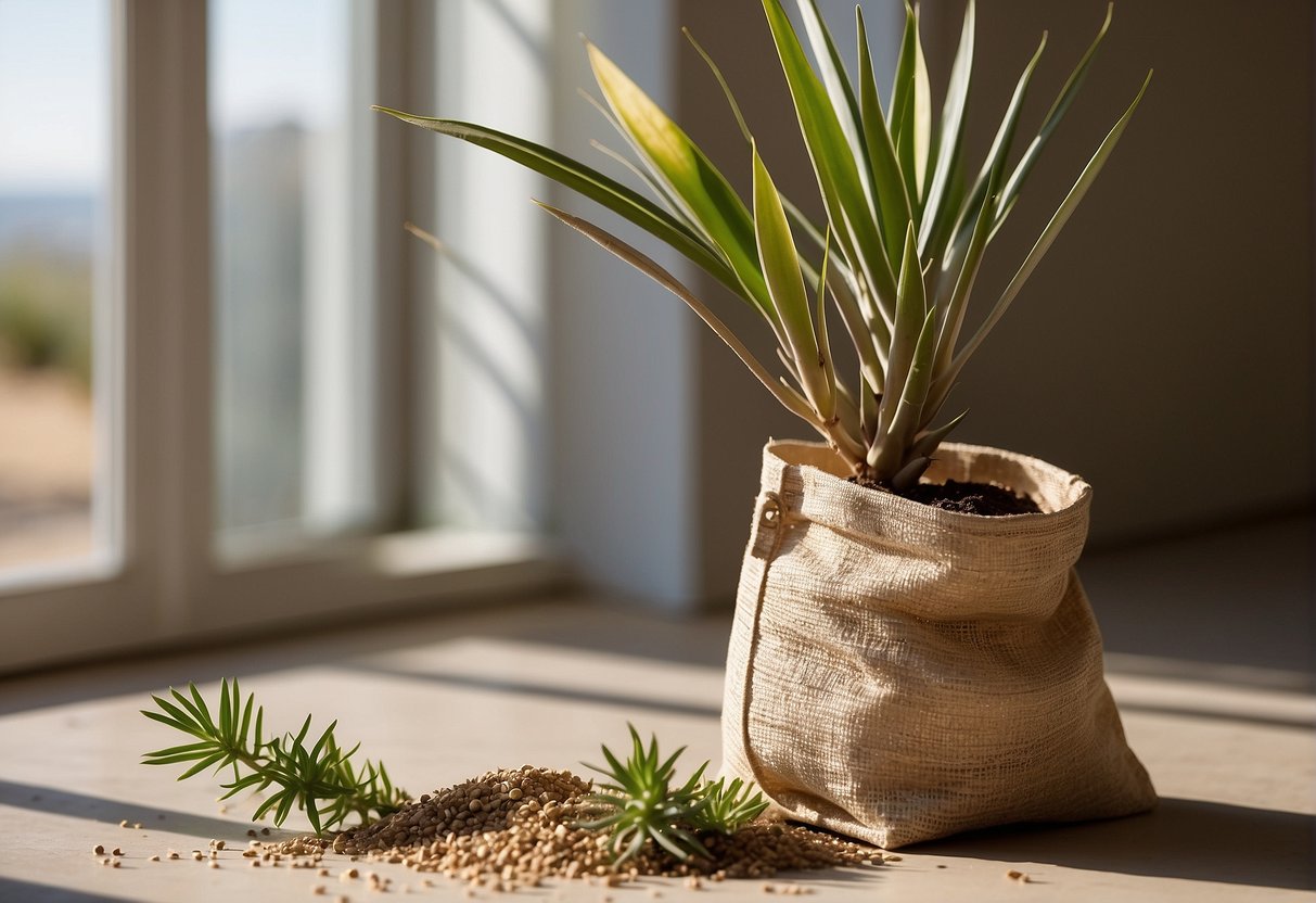 A bag of well-draining sandy soil sits next to a healthy yucca plant in a bright, sunny room. The soil is loose and airy, perfect for the yucca's roots