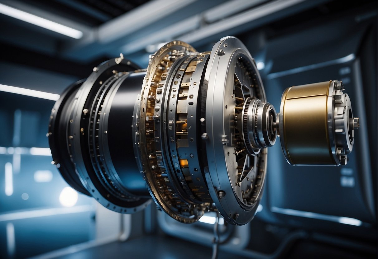 A spinning spacecraft generates artificial gravity. Cables and counterweights maintain equilibrium. Engineers monitor systems for long-duration spaceflight