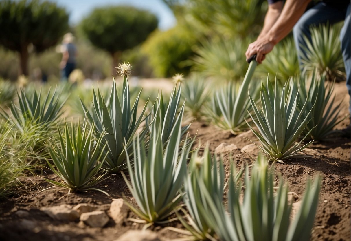 Yucca plants spaced evenly in a well-prepared garden bed, with a gardener measuring the distance between each plant