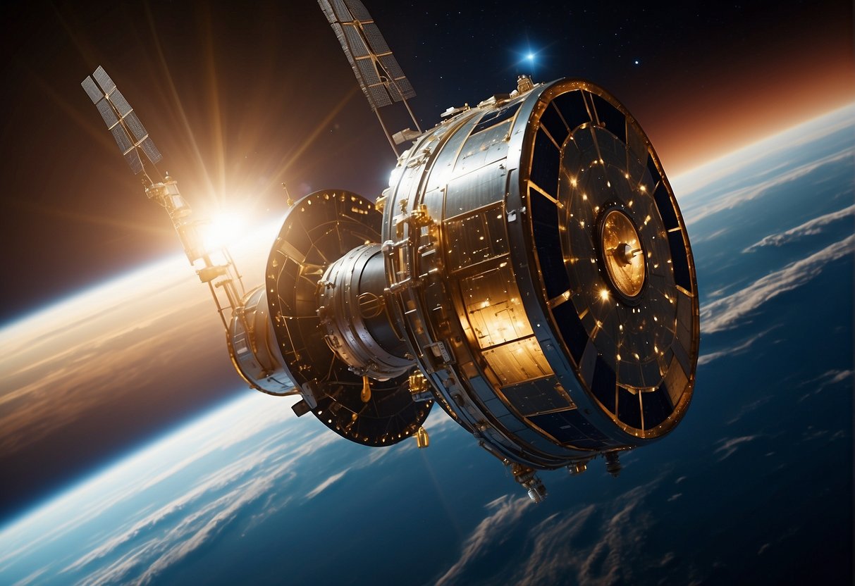 A satellite sends an encrypted message to another satellite in space, with beams of light connecting them, illustrating unhackable quantum communication technology