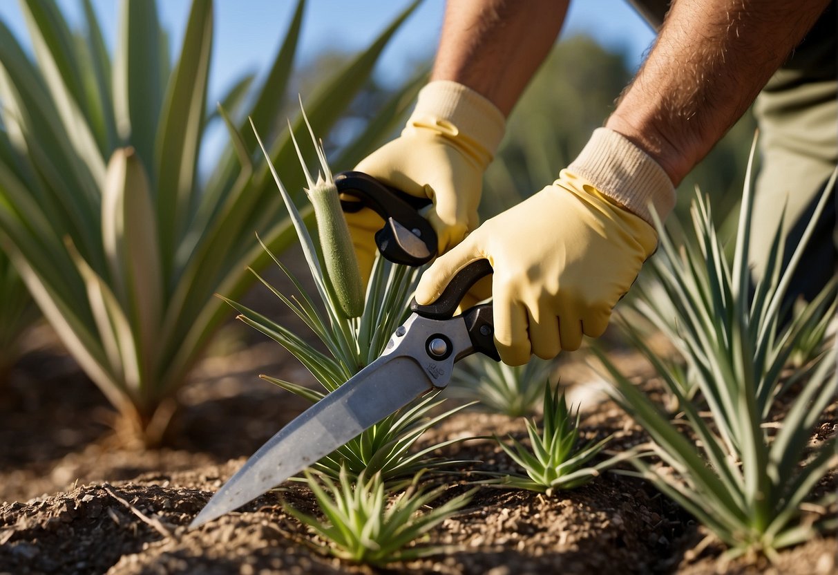 Yucca plants being trimmed in the fall, with pruning shears and a gardening glove nearby