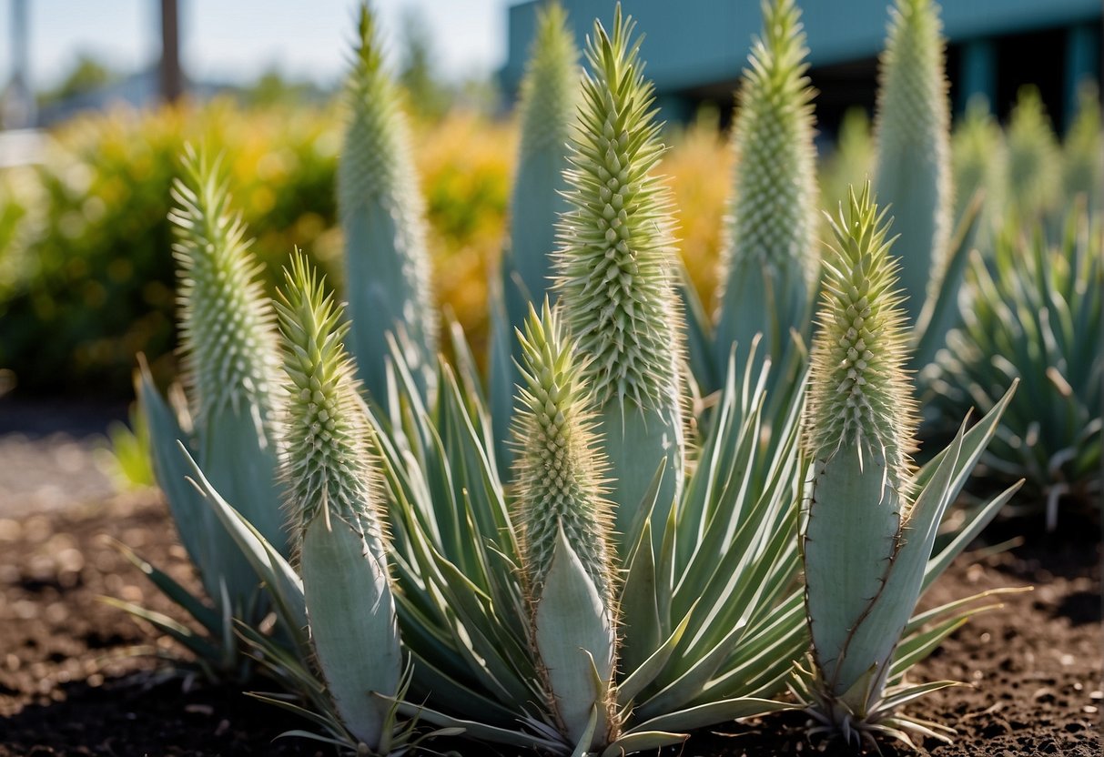 A sunny South Jersey garden center displays Yucca Rostrata plants for sale, with their striking blue-green foliage and tall, spiky rostra