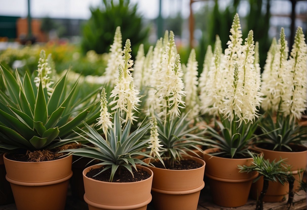 A sunny South Jersey garden center displays rostra yucca plants in terra cotta pots. Green leaves and tall white flowers catch the eye