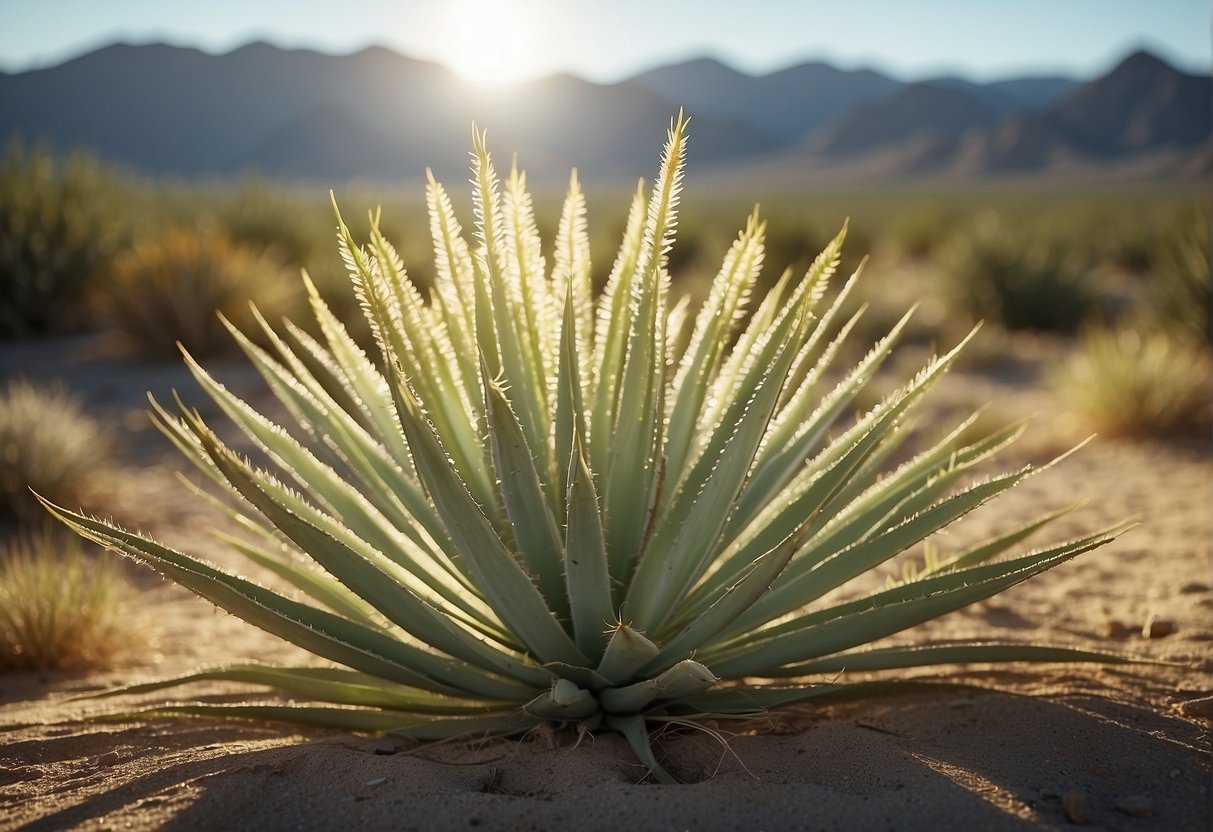 A yucca plant thrives in warm temperatures, basking in the sunlight of a desert landscape