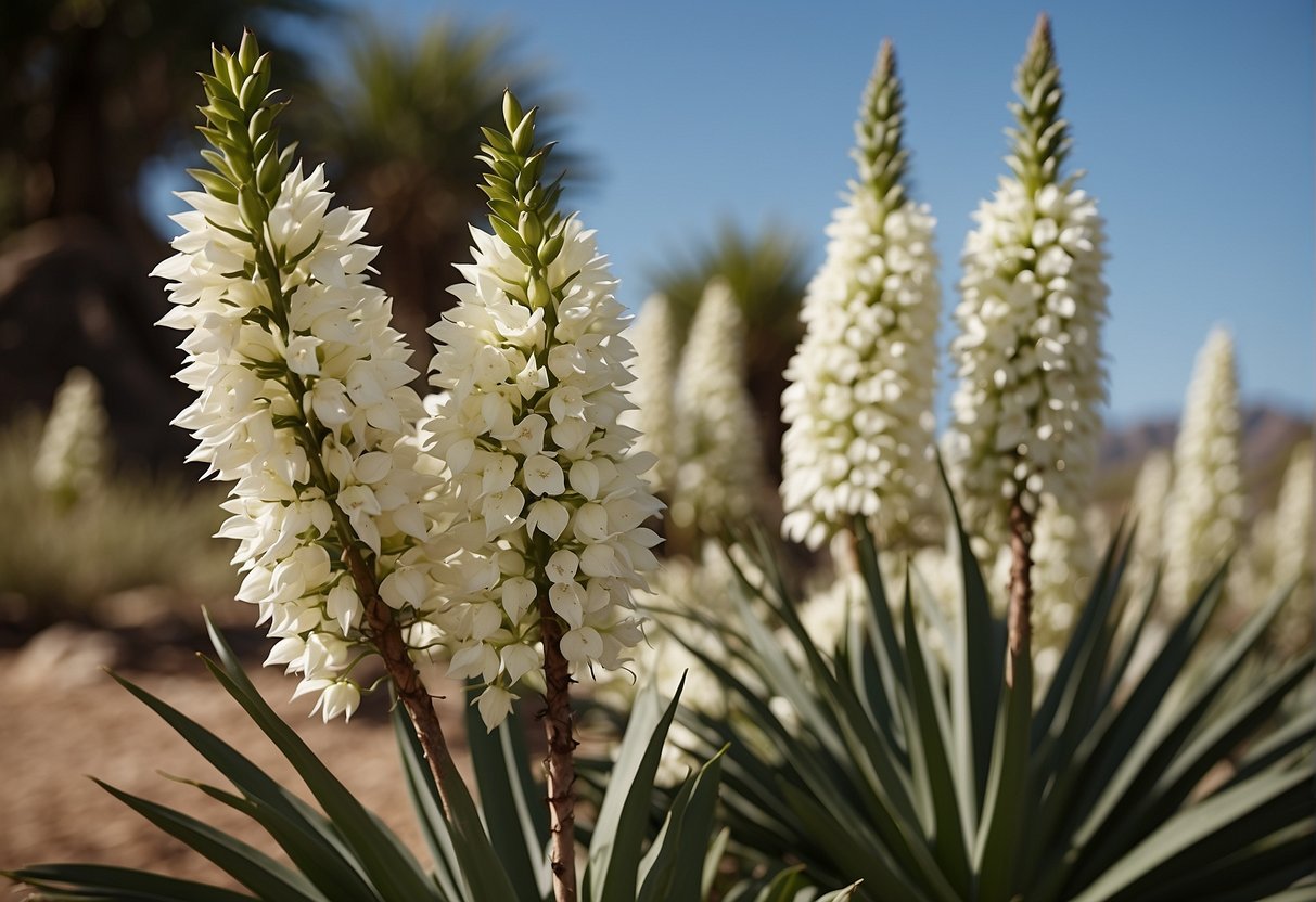A yucca plant with a tall, slender stem and a cluster of white, bell-shaped flowers at the top