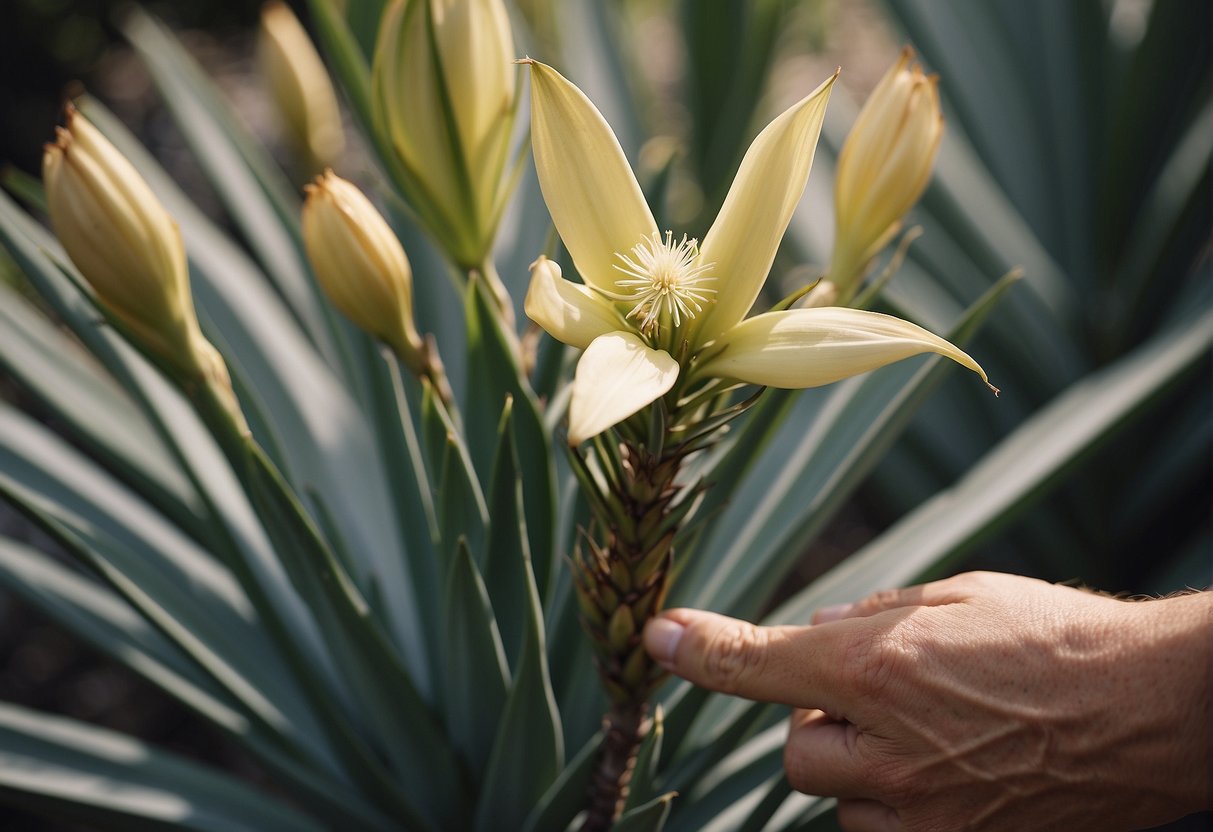A hand reaches to prune a yucca plant, removing a vibrant flower while another yucca blooms nearby