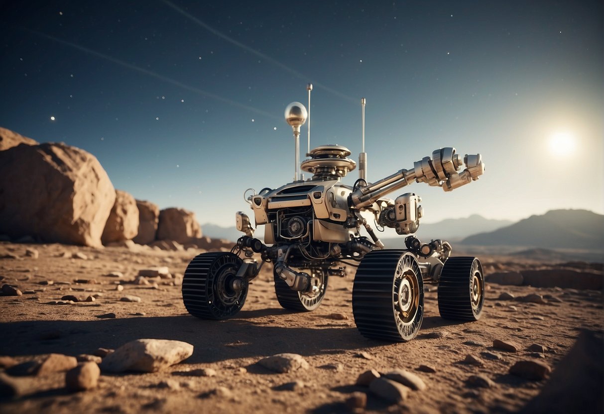 Robotic arms assemble a space structure, while a rover navigates the terrain. Satellites orbit above, aiding in communication and navigation