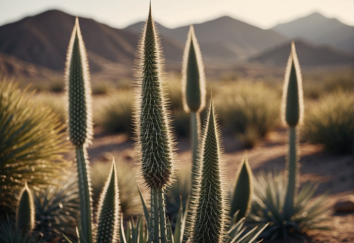 Several tall, spiky plants with long, sword-shaped leaves stand in a desert landscape, resembling yucca plants
