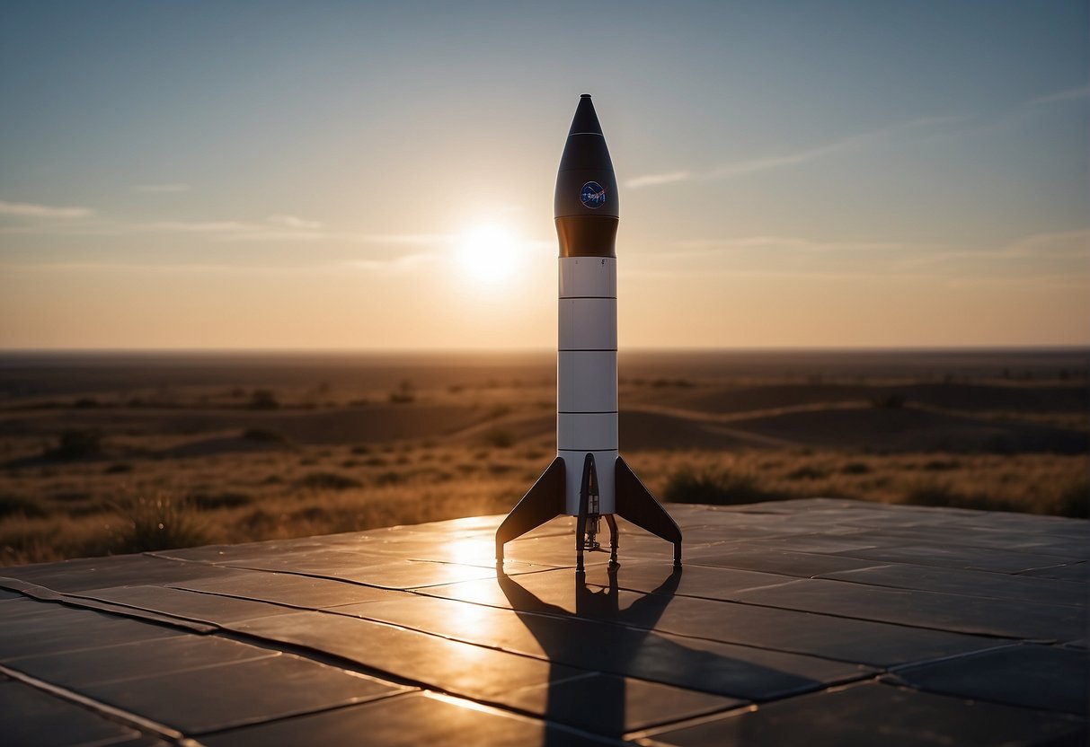 A reusable rocket lands on a platform after a successful space mission, with the Earth in the background and the sun setting on the horizon