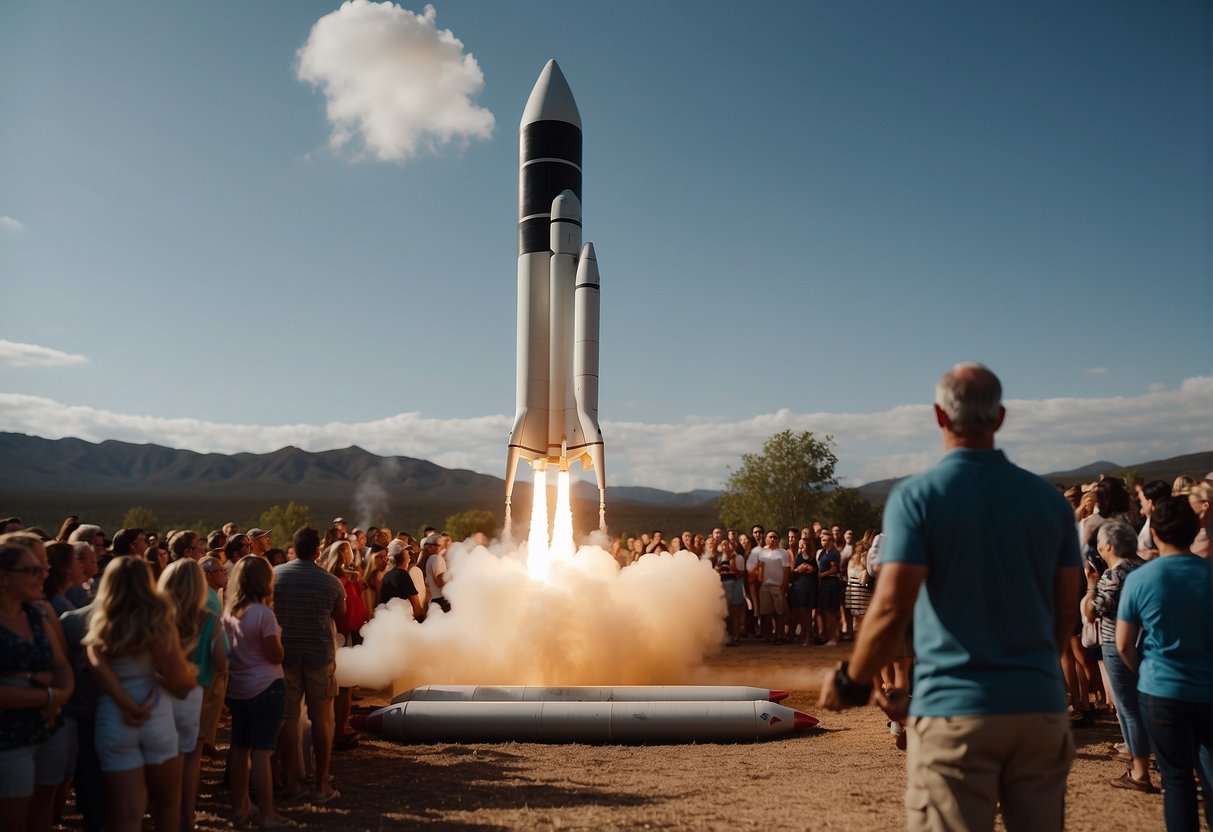 A reusable rocket lands smoothly on a launch pad, smoke billowing as it comes to a stop. A crowd of onlookers watches in awe as the historic moment unfolds