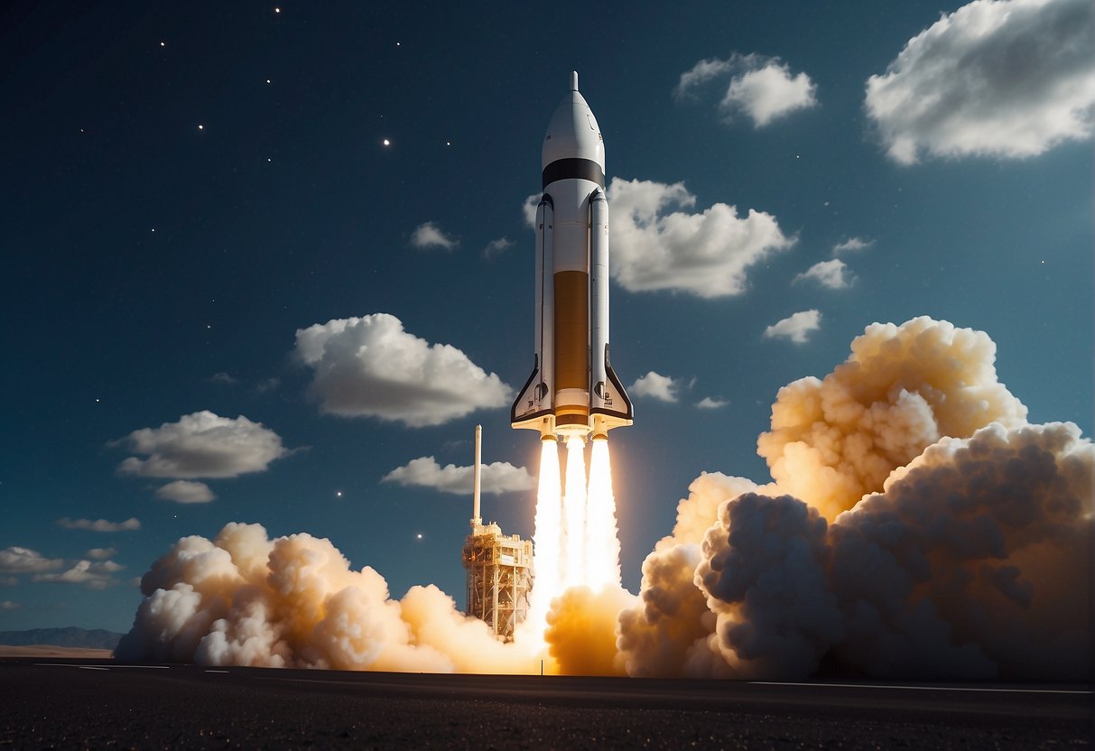 A reusable rocket launches into space, propelled by advanced technology. The rocket's sleek design and powerful engines showcase the next phase of space exploration