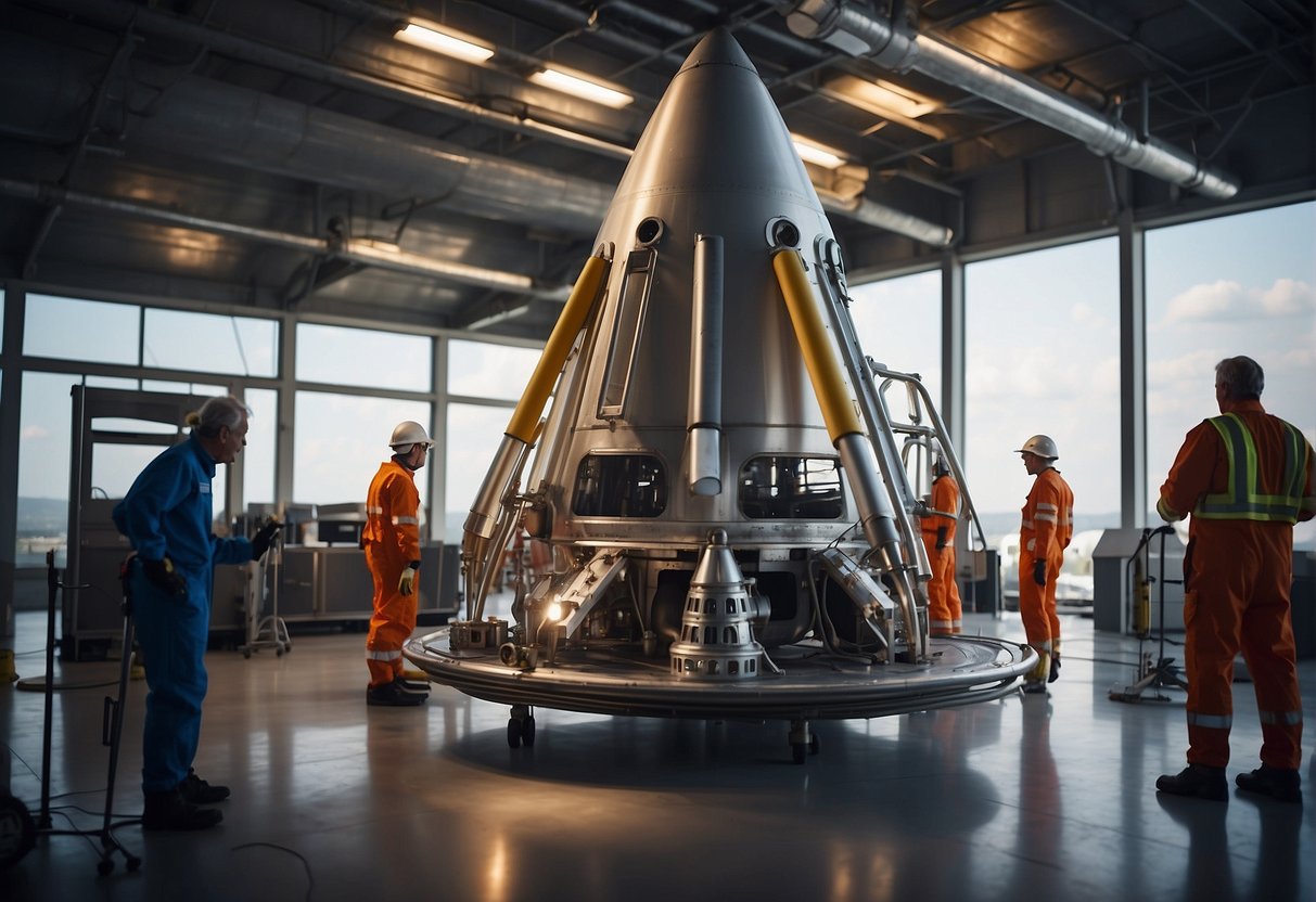 A reusable rocket is being prepared for launch at a spaceport, with technicians conducting final checks and procedures before liftoff