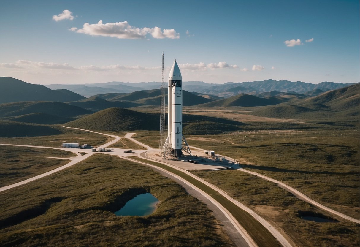 A reusable rocket launches from a spaceport, surrounded by a pristine natural landscape. Regulatory signs and environmental monitoring equipment are visible nearby