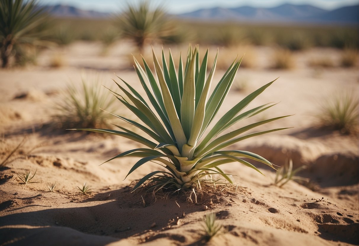 A yucca plant thrives in a bright, sunny location with well-draining soil. It can be seen growing in a desert landscape with dry, sandy soil and minimal water