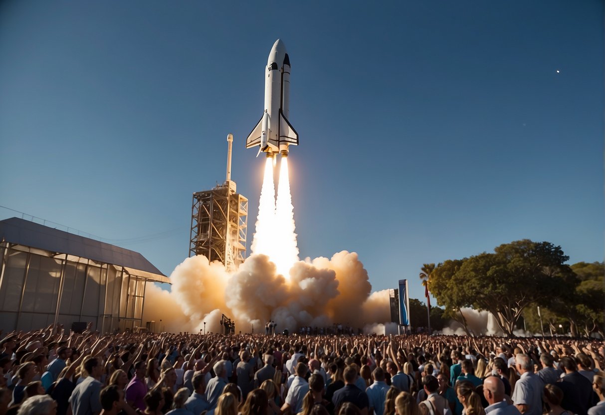 A reusable rocket launches into space, surrounded by a crowd of spectators and media capturing the historic event. The rocket's sleek design and powerful engines symbolize the future of space exploration