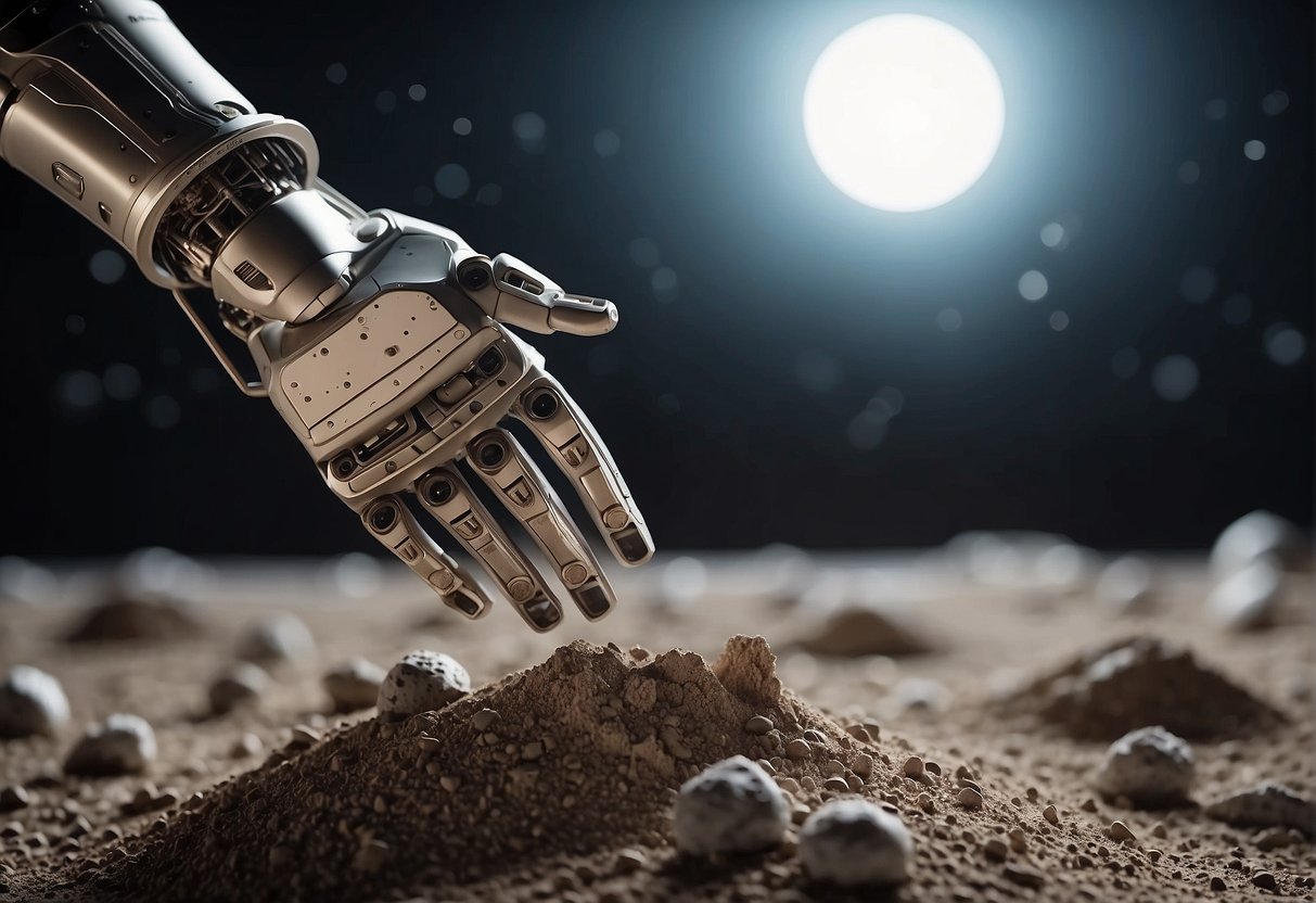 3D Printing in Space - Robotic arms depositing layers of moon dust and Martian soil to create 3D structures in a zero-gravity environment