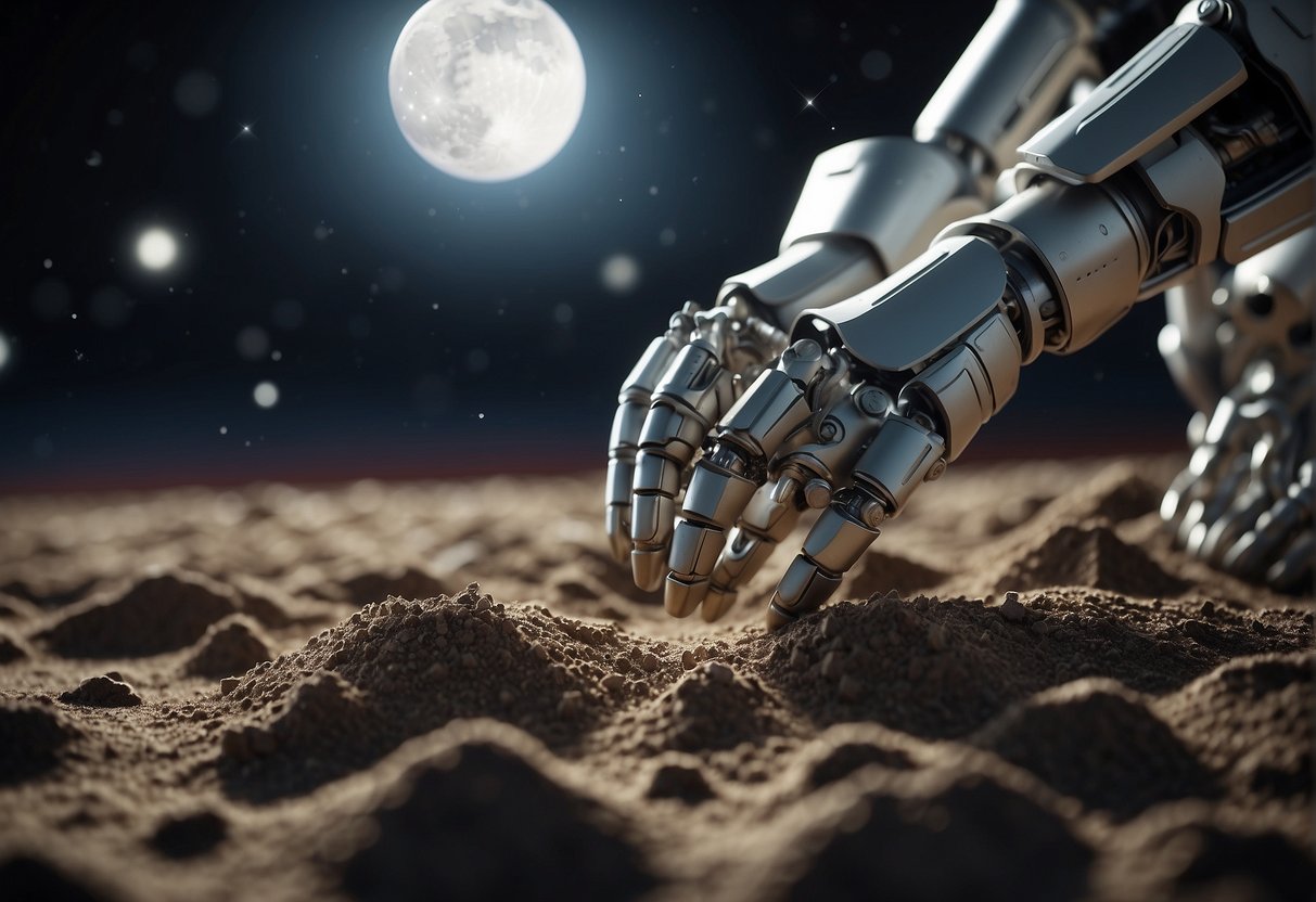 Robotic arms depositing layers of moon dust and Martian soil to construct a futuristic structure in the vacuum of space