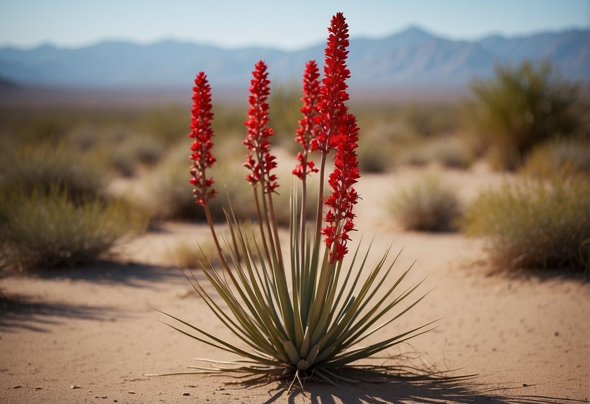 A vibrant red yucca plant grows tall against a desert backdrop, its slender leaves reaching upwards with small red flowers blooming at the top