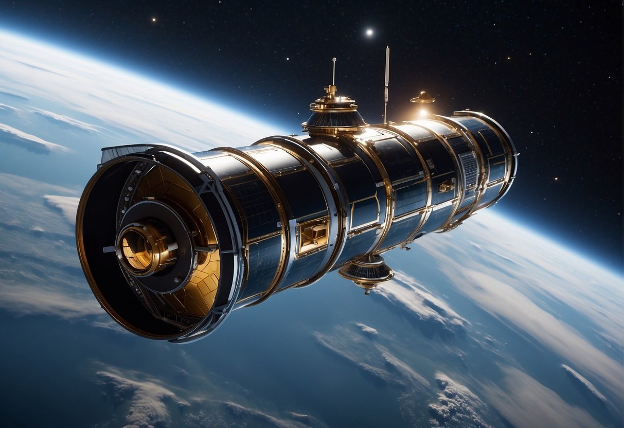 A sleek, futuristic space telescope floats gracefully in the vast expanse of space, with intricate panels and advanced technology enhancing its science payload