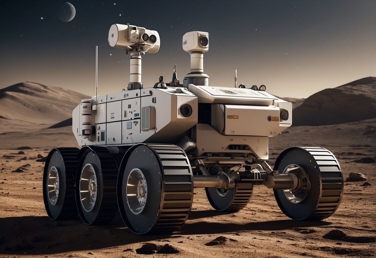 Water extraction technologies - An advanced rover deploys a water extraction system on the rugged surface of the moon or Mars, using cutting-edge technology to harvest and store vital resources for future missions