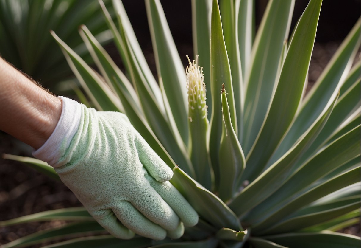 Yucca plants with stain overspray speckles being gently wiped clean with a soft cloth and a mild cleaning solution